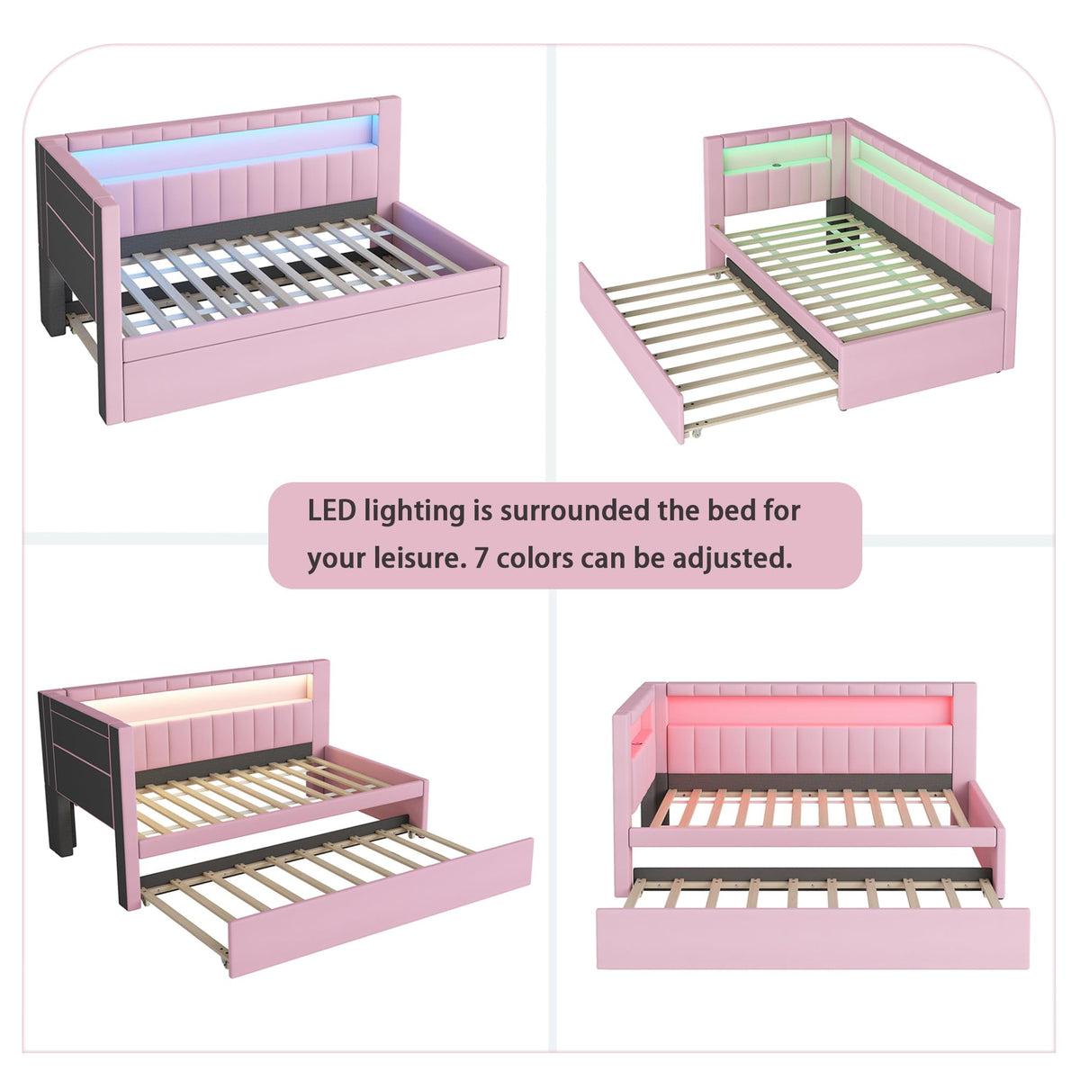 Twin Size Upholstered Platform Bed with Trundle and USB Ports, Pink E12319
