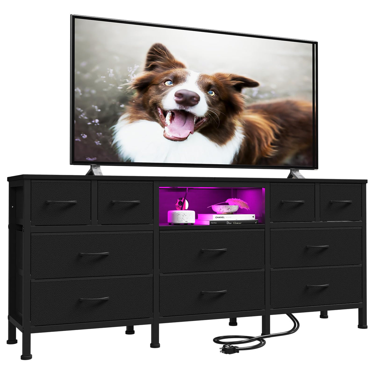 Black Dresser with LED Lights and Power Outlets, 10 Drawers Dresser F182