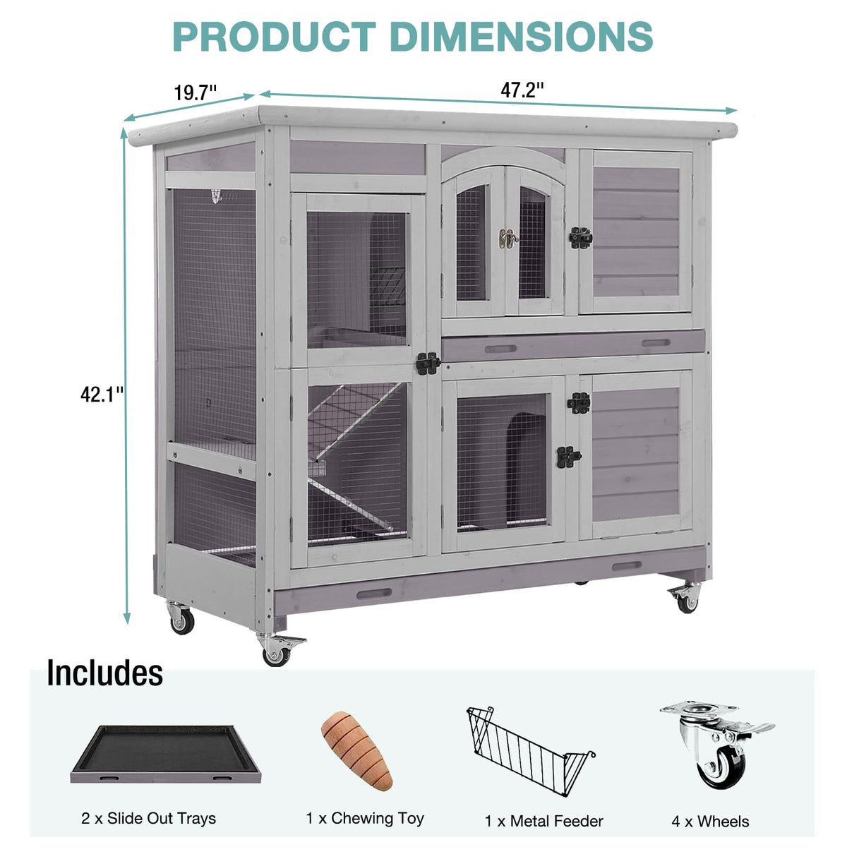 2-Tier Wooden Small Animal Cage with Trays, Wheels & Ramp U3001