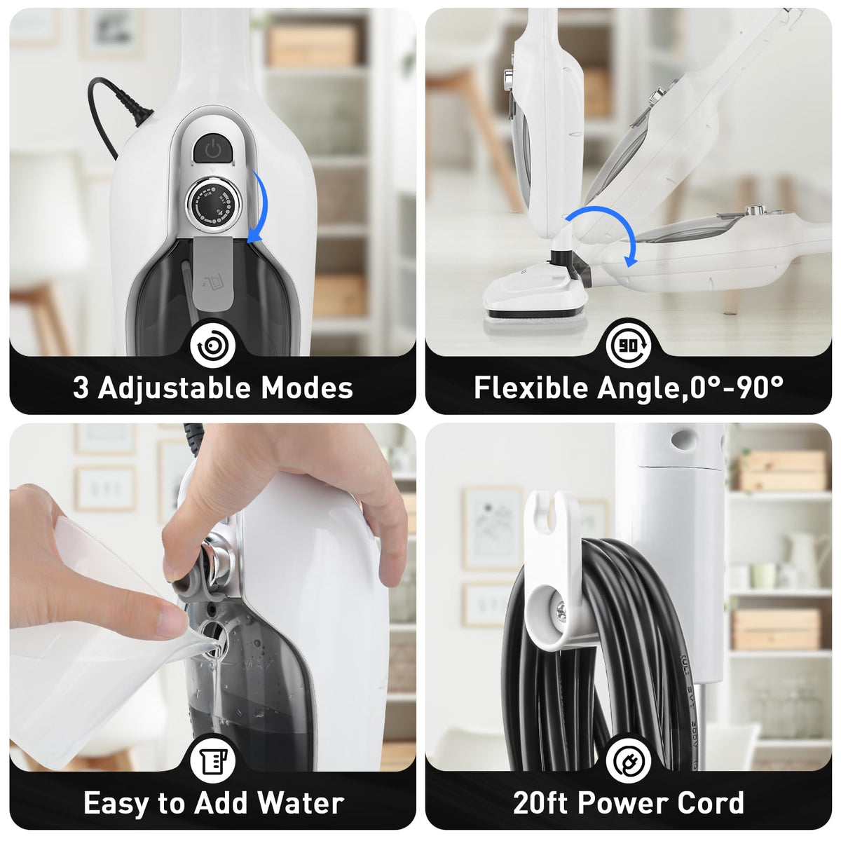 White 10-in-1 Detachable Steam Mop with 3 Microfiber Pads K92211