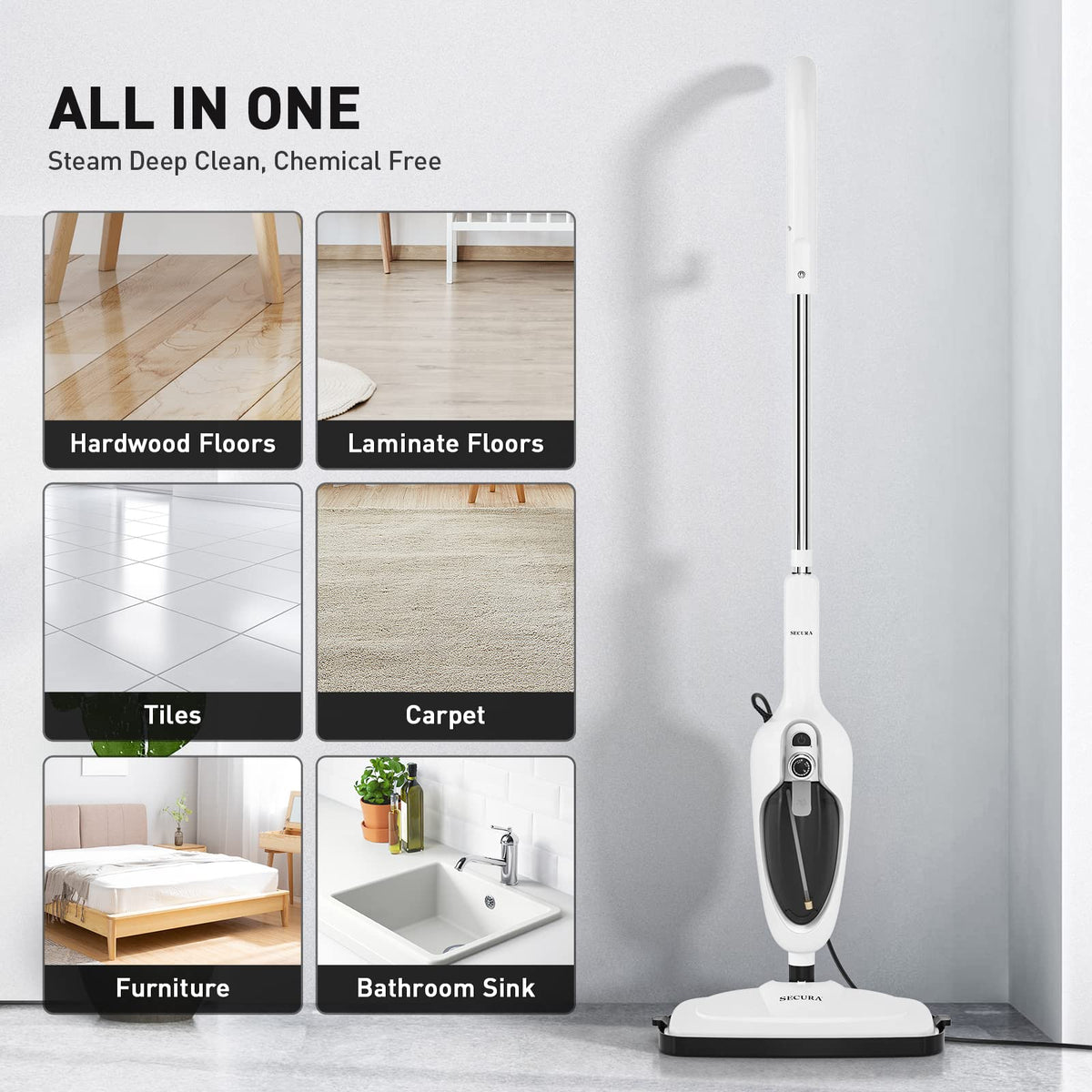 White 10-in-1 Detachable Steam Mop with 3 Microfiber Pads K92211