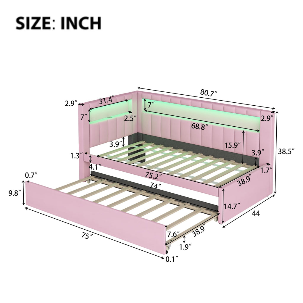 Twin Size Upholstered Platform Bed with Trundle and USB Ports, Pink E12319