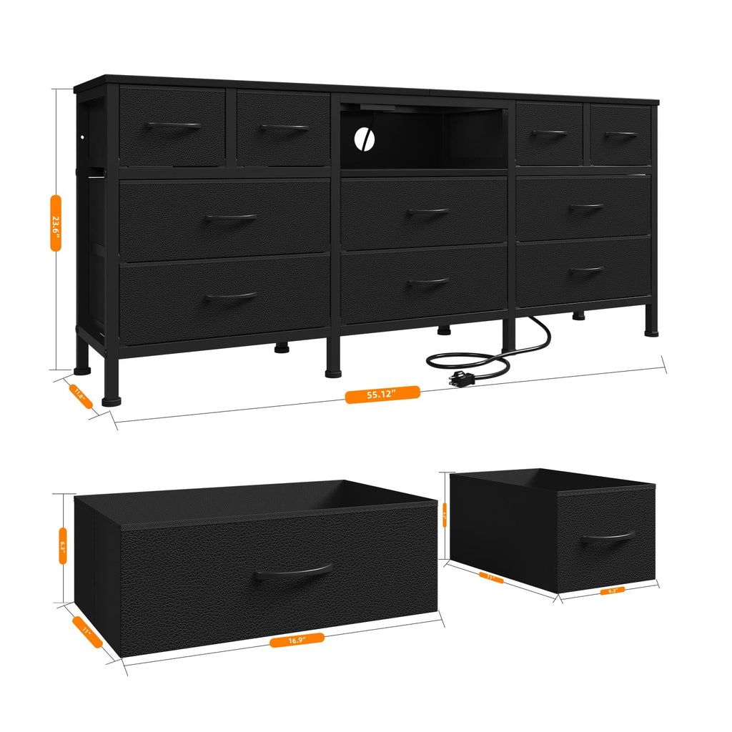 Black Dresser with LED Lights and Power Outlets, 10 Drawers Dresser F182