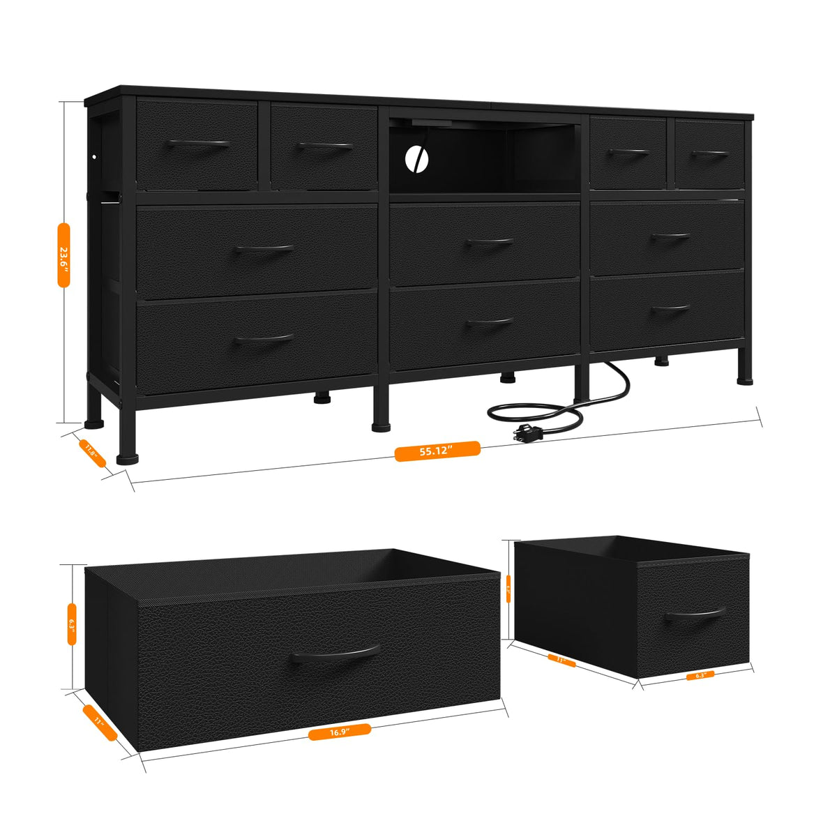 Black Dresser with LED Lights and Power Outlets, 10 Drawers Dresser F182