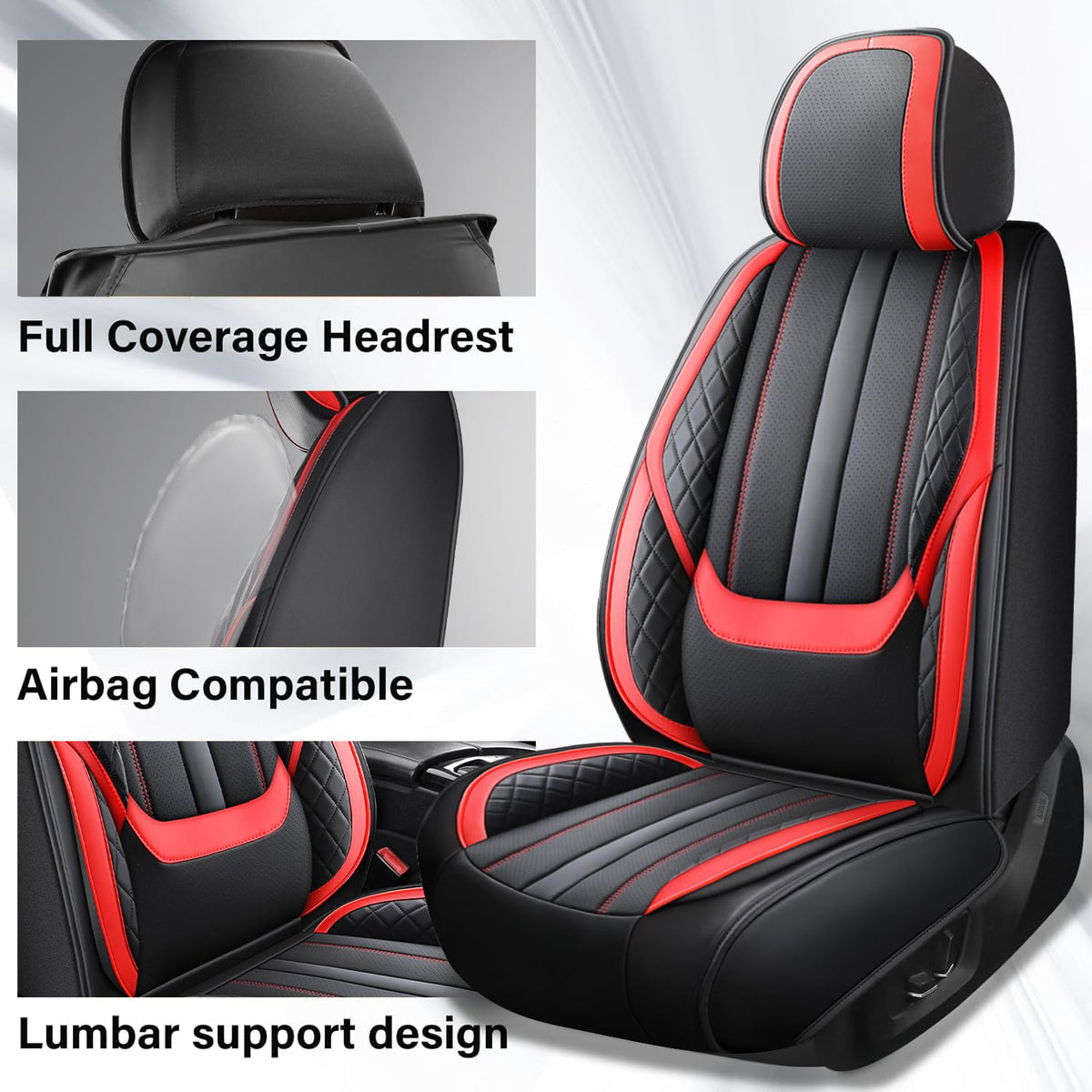 Nappa Leather Car Seat Covers Full Set 5-Seats Black Red D874