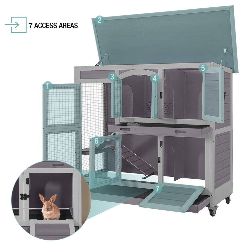 2-Tier Wooden Small Animal Cage with Trays, Wheels & Ramp U3001