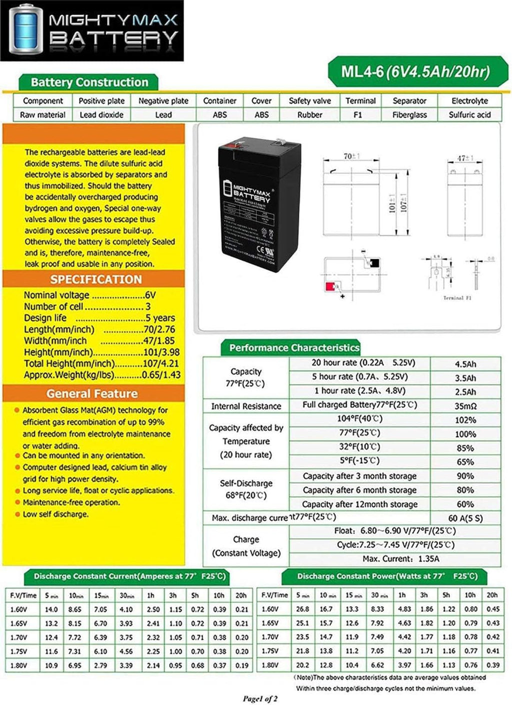 6V 4.5AH SLA Battery 2 Pack U88094
