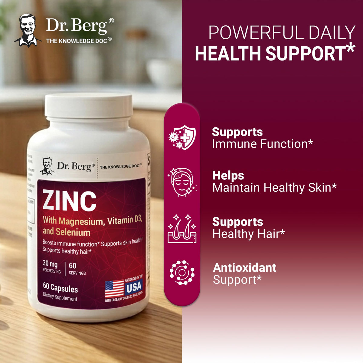 Zinc 30 mg 60 Capsules Chelated with Vitamin D & Selenium K35921