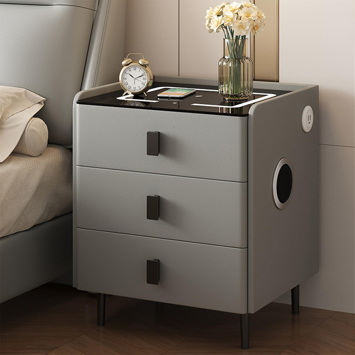 Smart Nightstand with Bluetooth Speaker, 3 Drawer LED Nightstand with USB Port T194