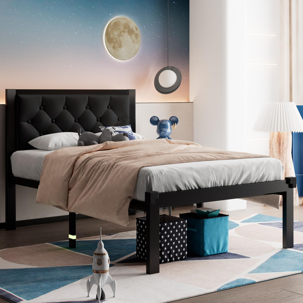 Twin Size Black Metal Platform Bed Frame with Faux Leather Tufted Headboard S2403