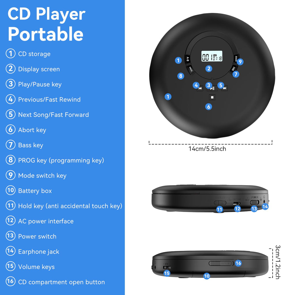 Portable CD Player with Headphones LCD Display T3333