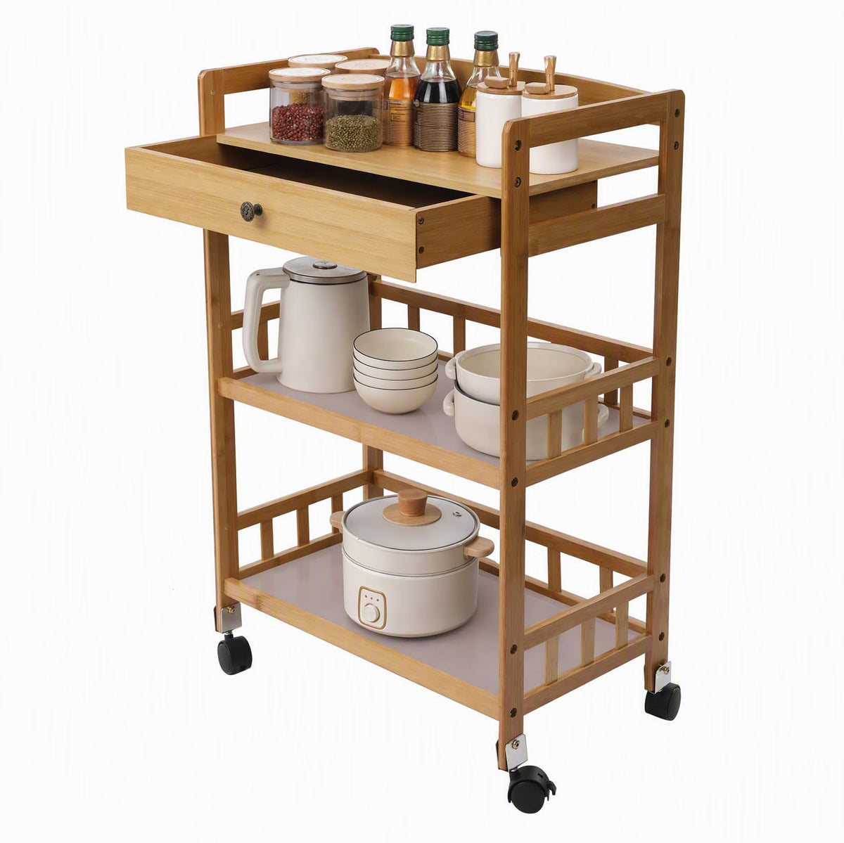 3-Tier Bamboo Kitchen Cart with Drawer U9216