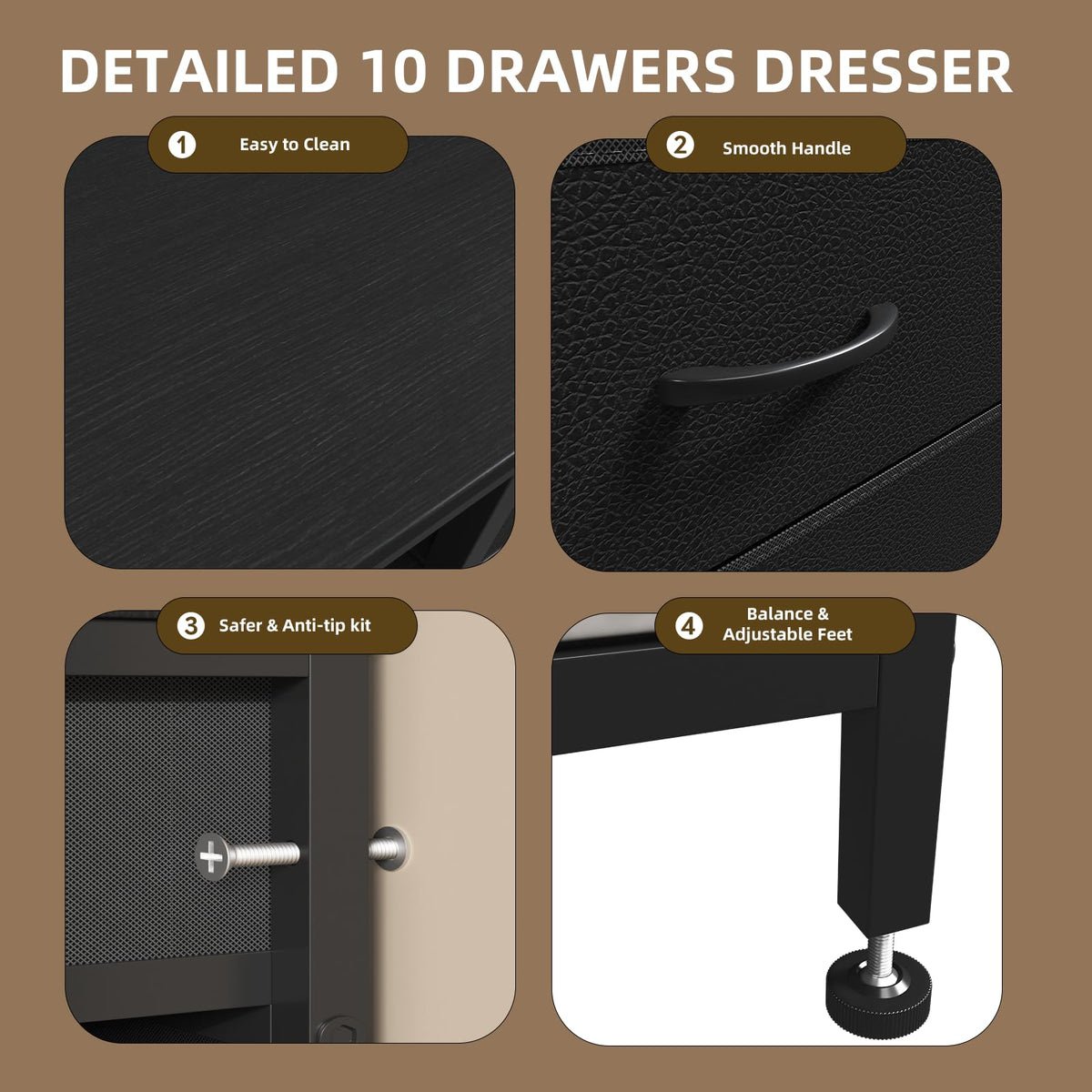 Black Dresser with LED Lights and Power Outlets, 10 Drawers Dresser F182