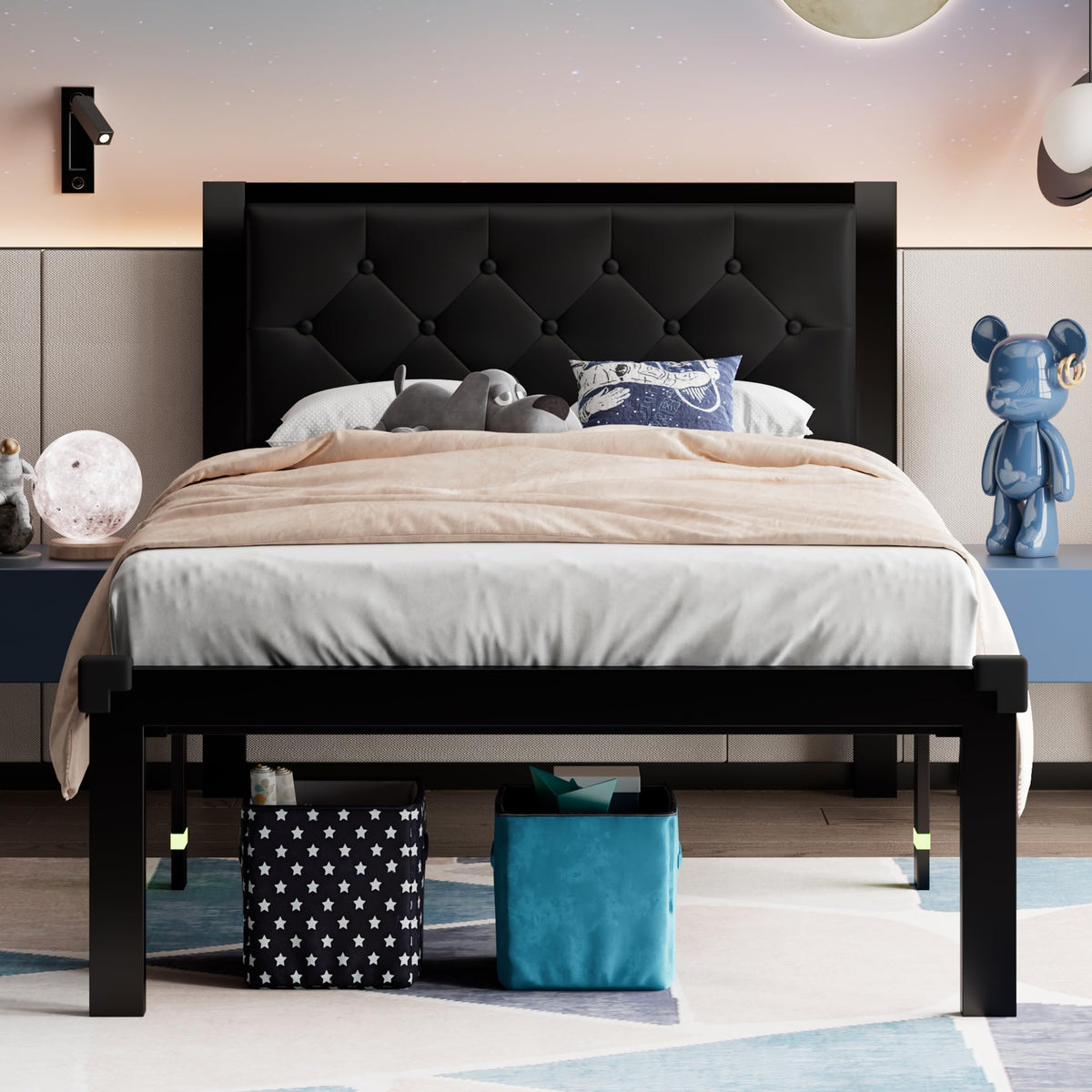 Twin Size Black Metal Platform Bed Frame with Faux Leather Tufted Headboard S2403