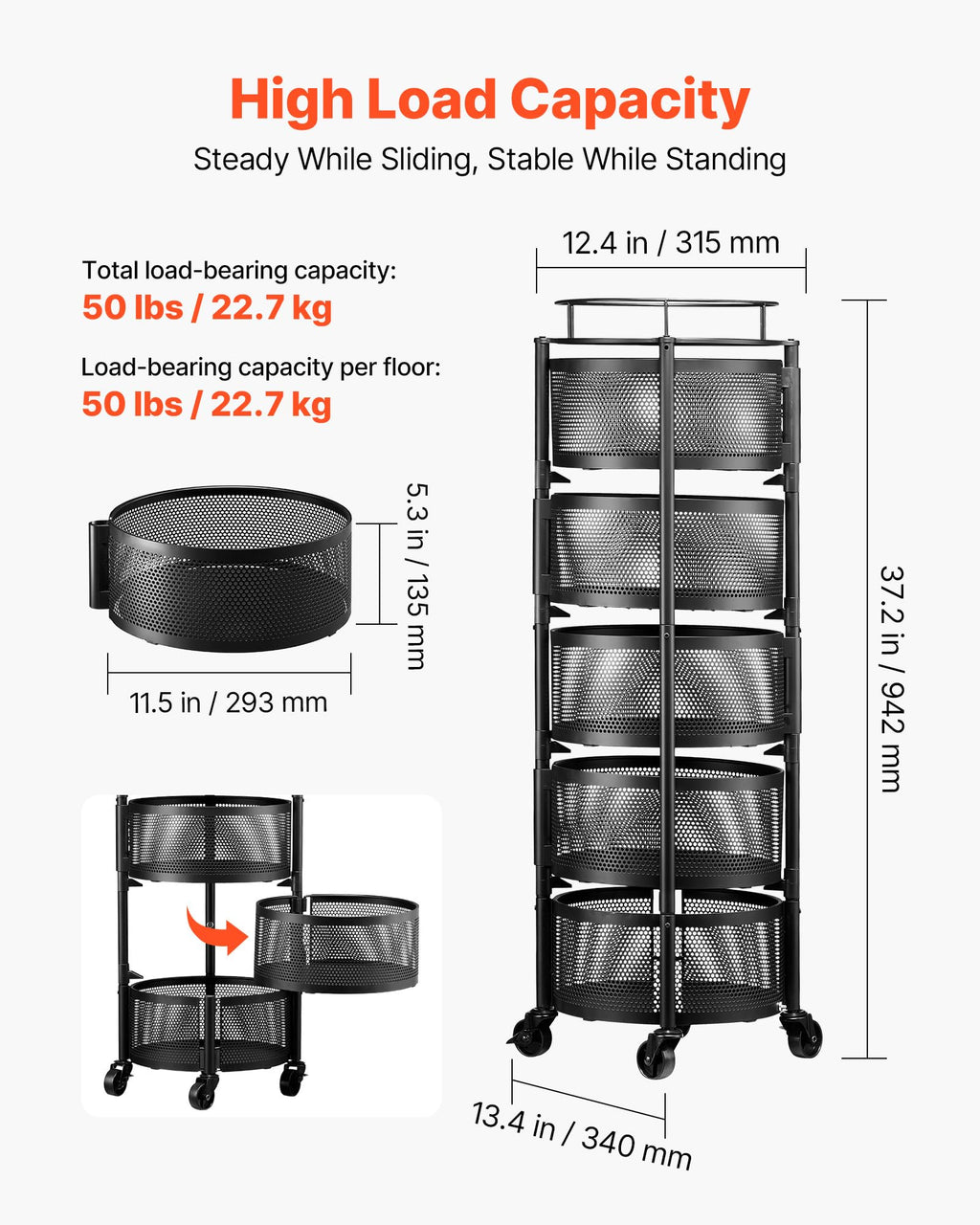 5 Tier Rotating Storage Rack Cart on Wheels, Black A421480