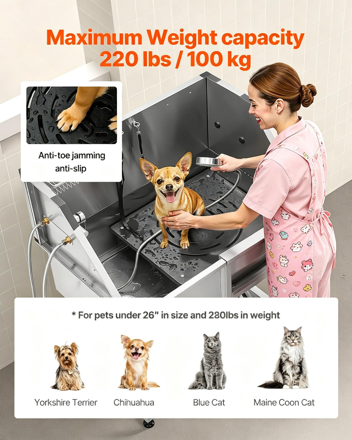38” Stainless Steel Dog Washing Station with Faucet and Non-Slip Steps V1406