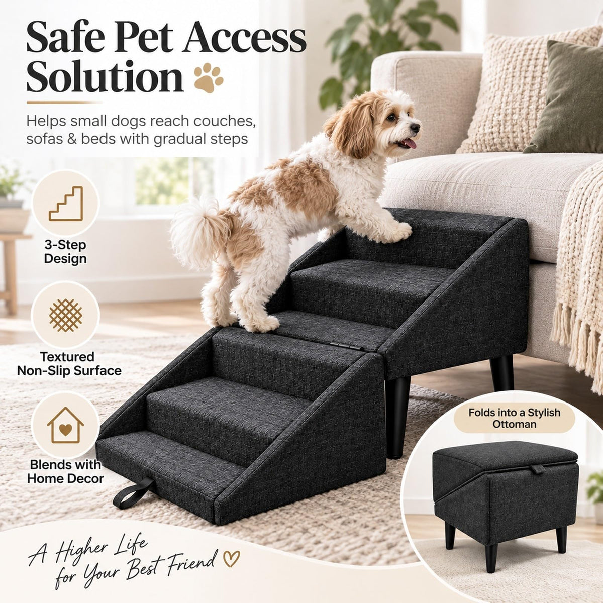 Foldable Dog Stairs Ottoman 2 in 1 Storage Pet Steps E40074