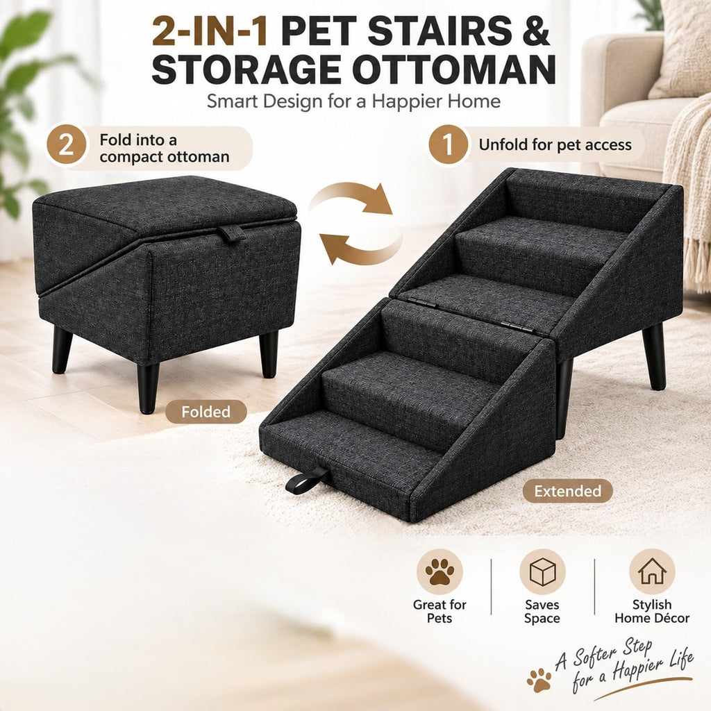 Foldable Dog Stairs Ottoman 2 in 1 Storage Pet Steps E40074