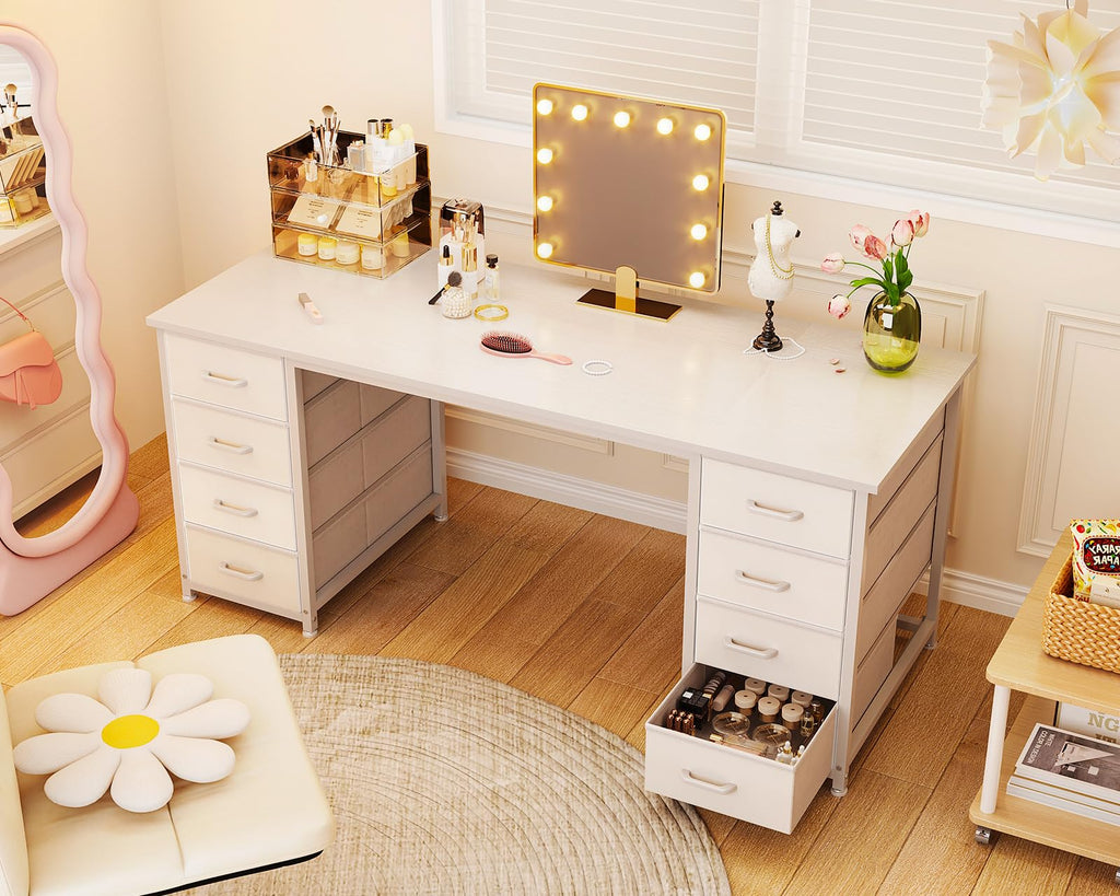 55 Inch Computer Desk with 8 Fabric Drawers White Y792252