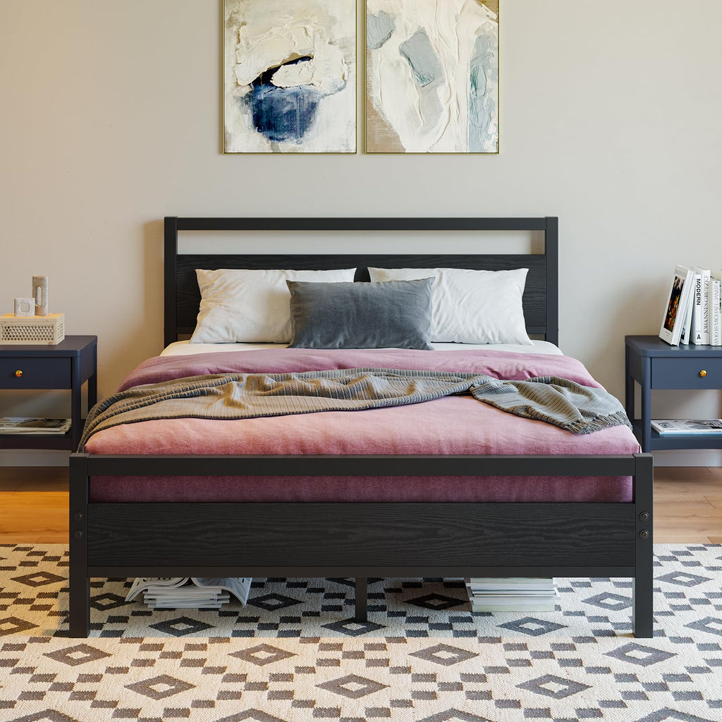 Black Full Size Bed Frame with Wood Headboard and Storage S41193