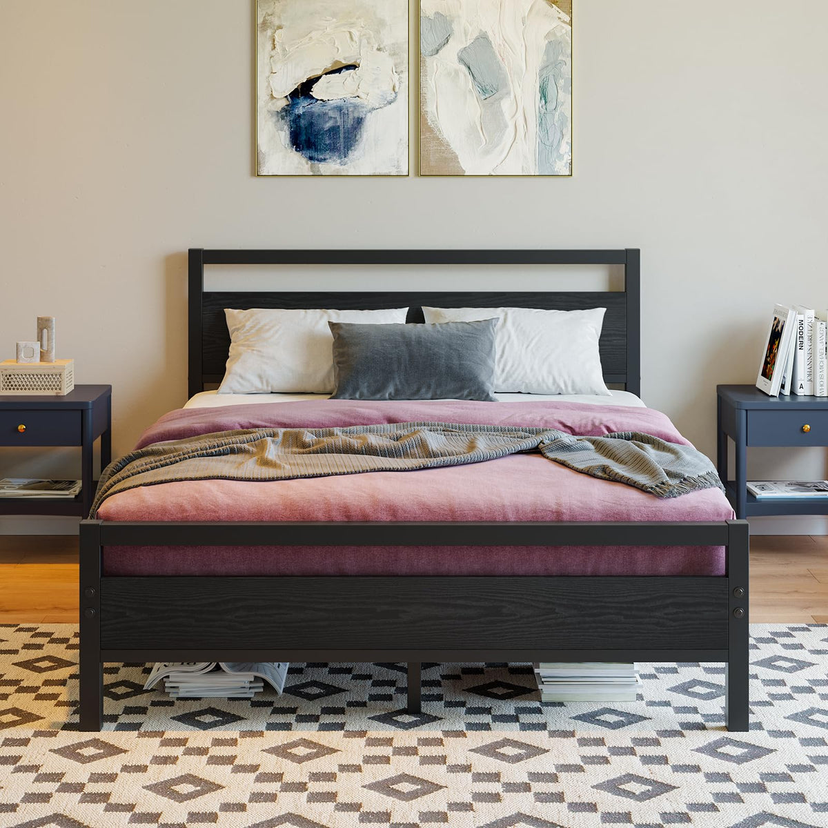 Black Full Size Bed Frame with Wood Headboard and Storage S41193