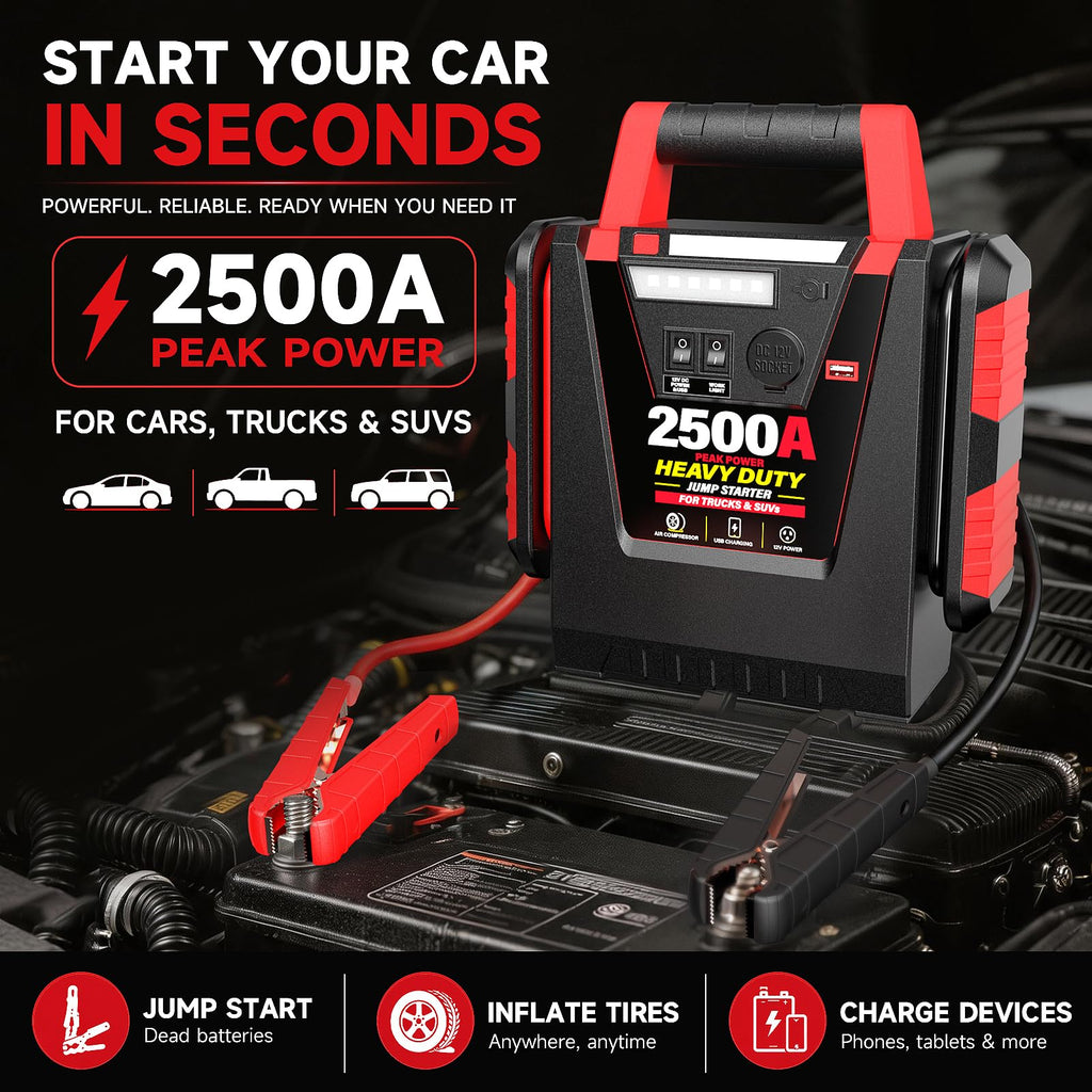 12V Portable Car Jump Starter with Air Compressor and Work Light O45072