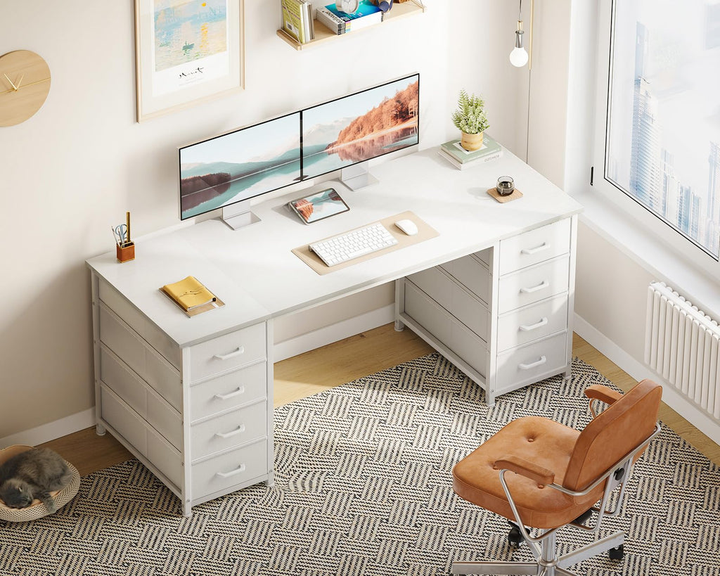 55 Inch Computer Desk with 8 Fabric Drawers White Y792252