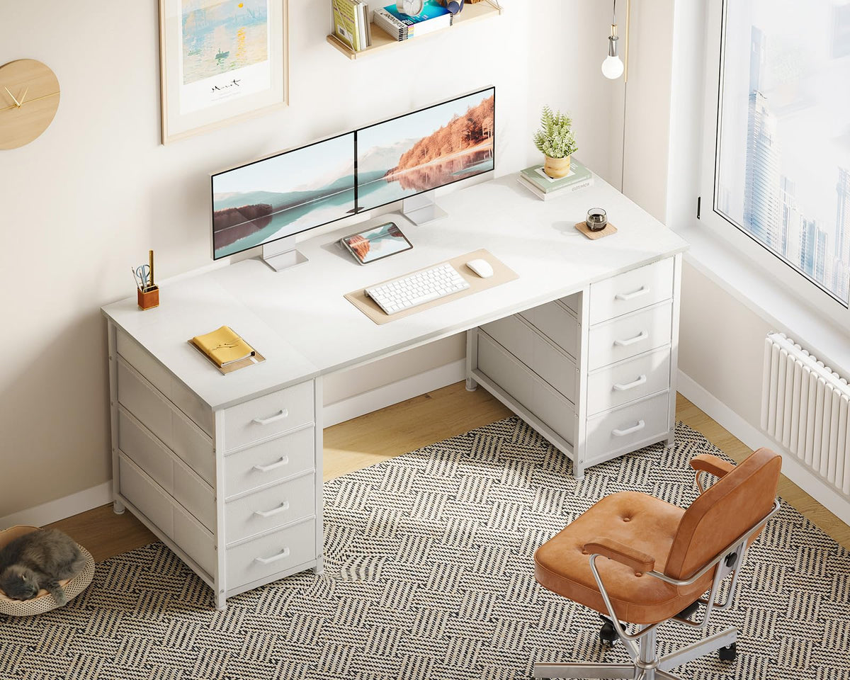 55 Inch Computer Desk with 8 Fabric Drawers White Y792252