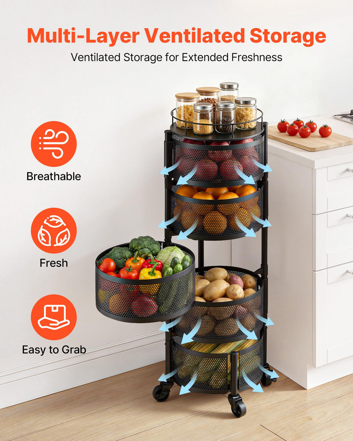 5 Tier Rotating Storage Rack Cart on Wheels, Black A421480