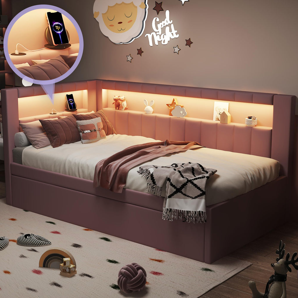 Twin Size Upholstered Platform Bed with Trundle and USB Ports, Pink E12319