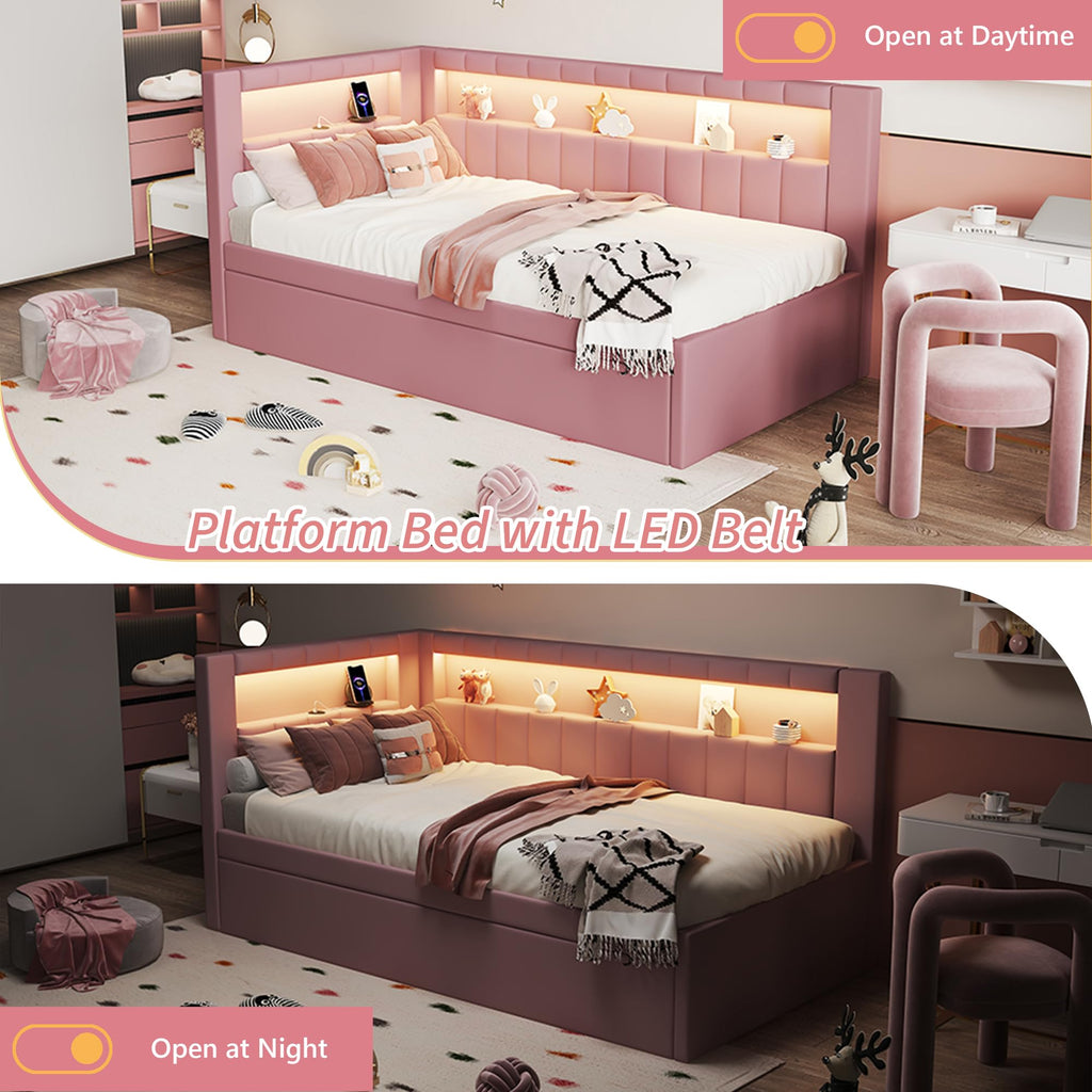Twin Size Upholstered Platform Bed with Trundle and USB Ports, Pink E12319