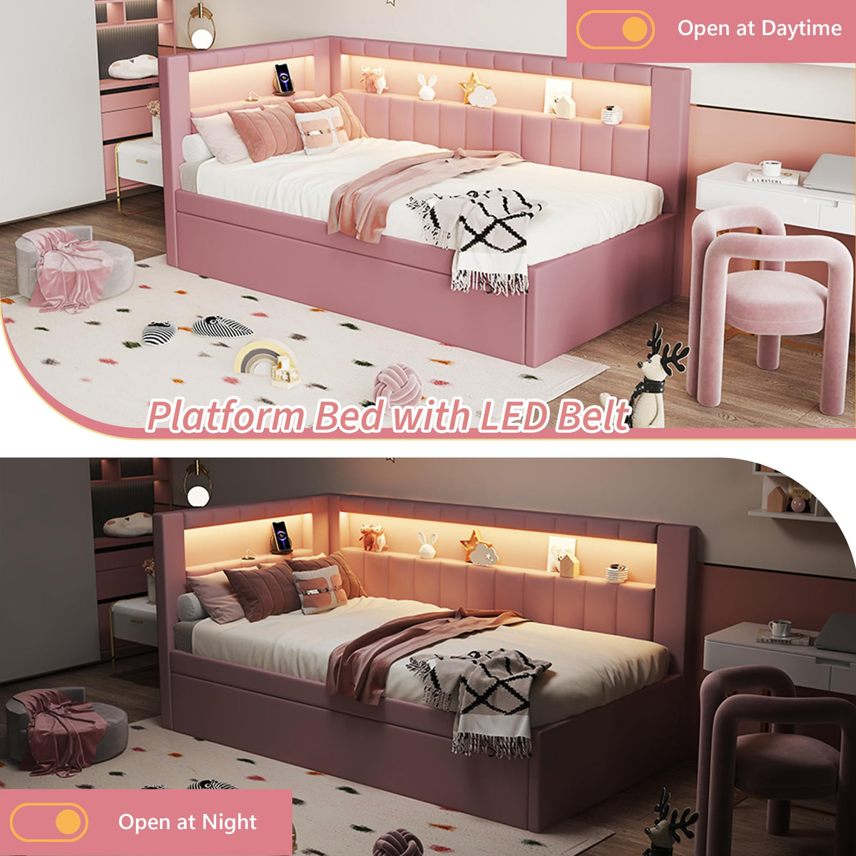 Twin Size Upholstered Platform Bed with Trundle and USB Ports, Pink E12319
