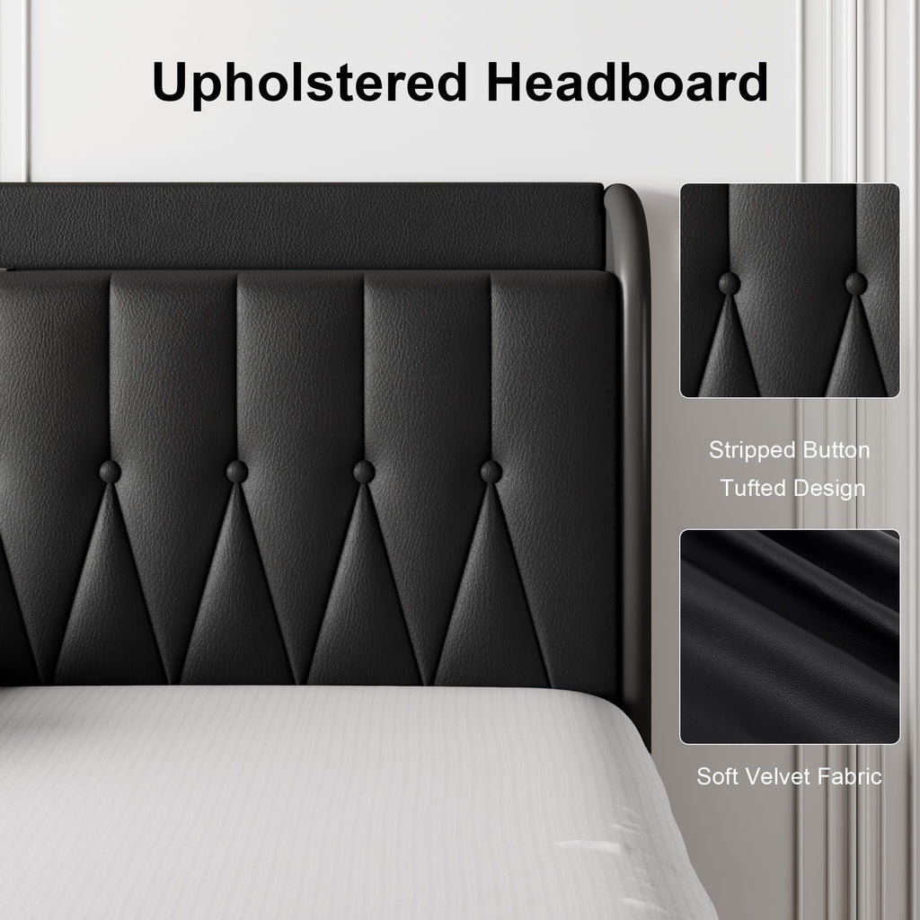 Black Leather Full Size Bed Frame with Charging Station L7627