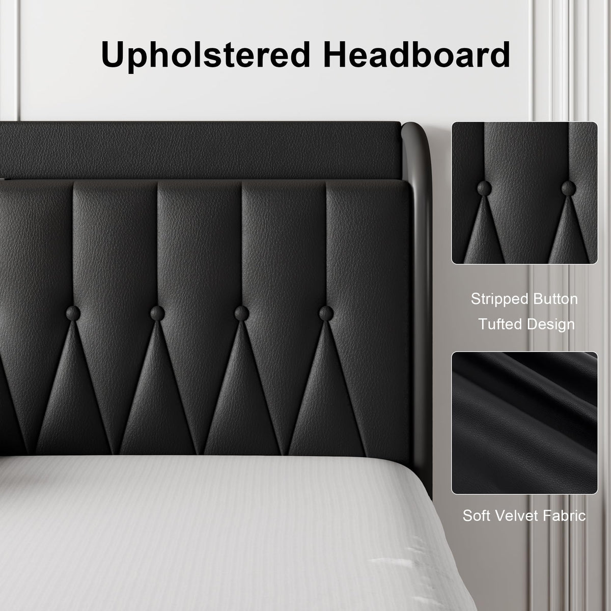 Black Leather Full Size Bed Frame with Charging Station L7627