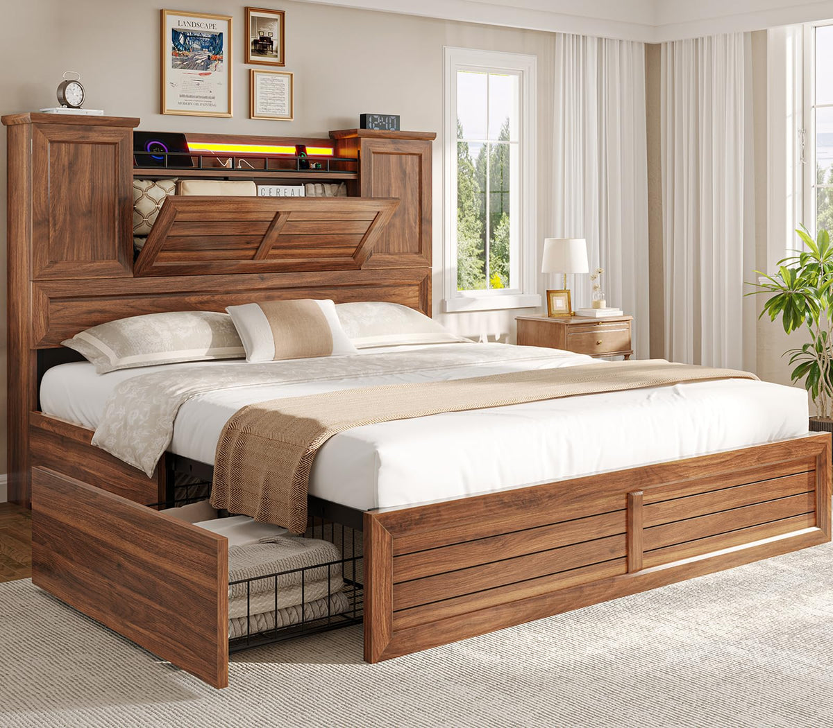 Queen Size Wooden Platform Bed Frame with Headboard Storage Drawers E818752