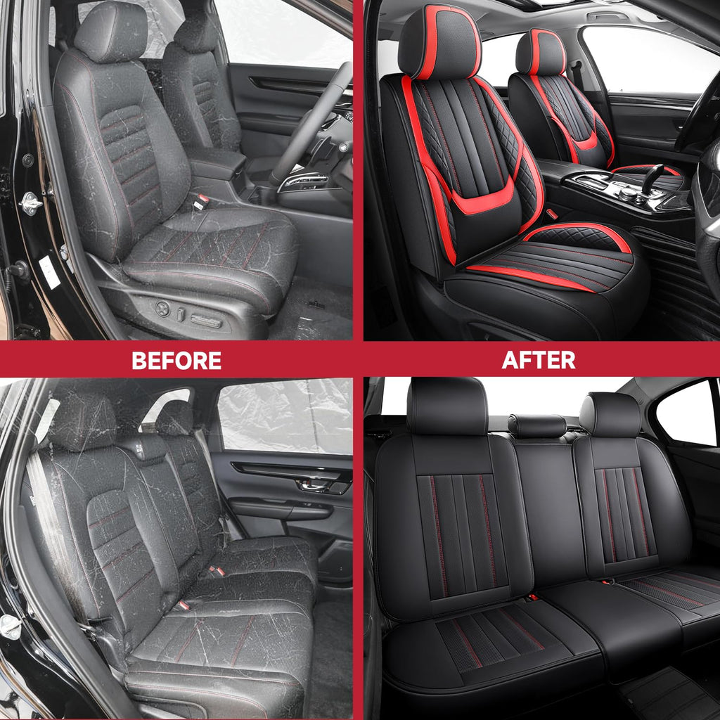 Nappa Leather Car Seat Covers Full Set 5-Seats Black Red D874