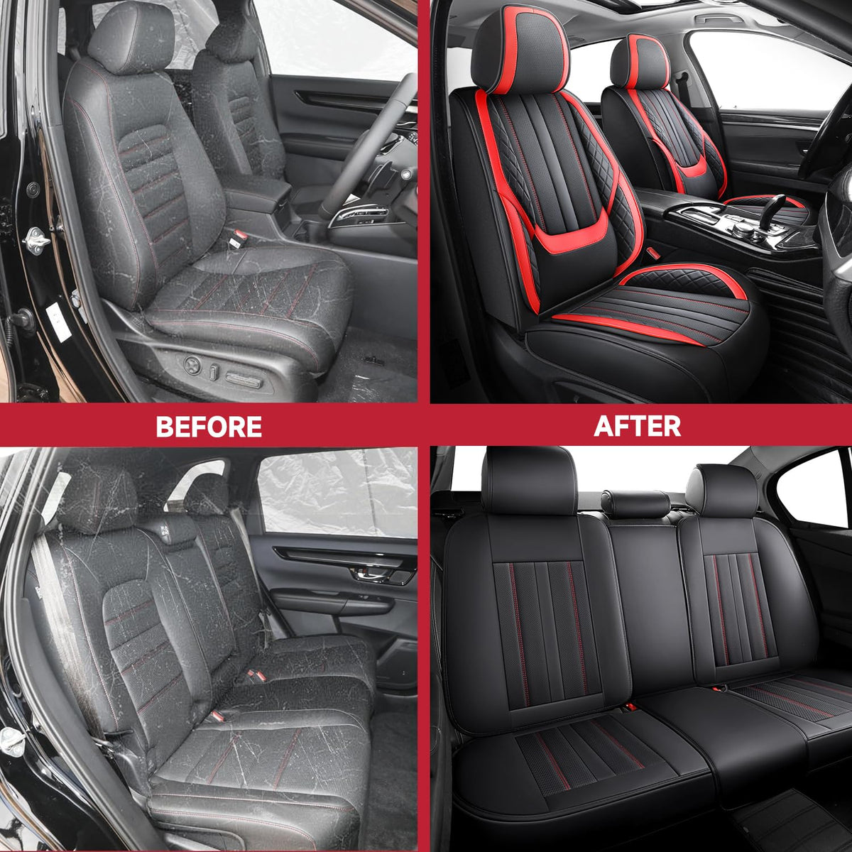 Nappa Leather Car Seat Covers Full Set 5-Seats Black Red D874