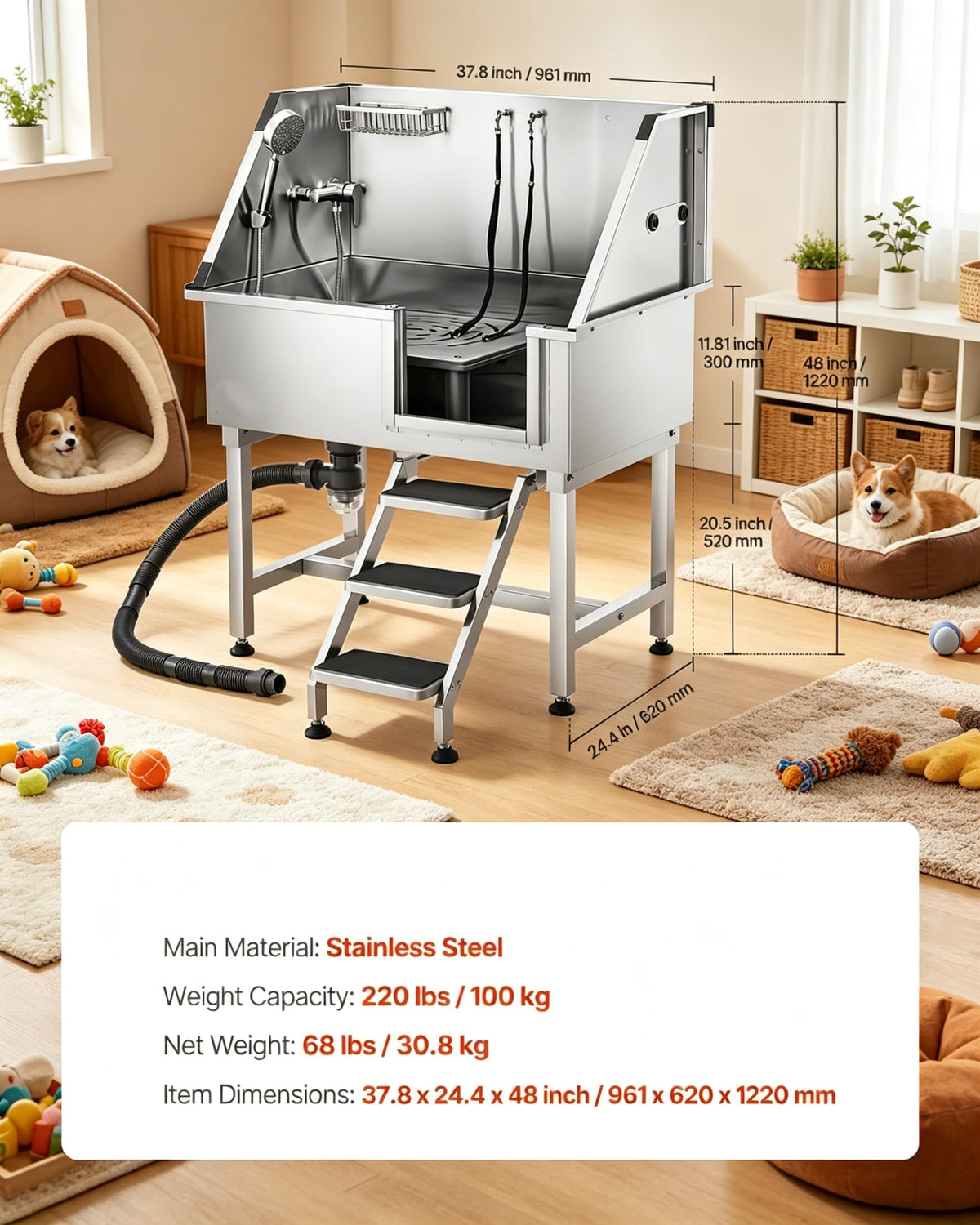 38” Stainless Steel Dog Washing Station with Faucet and Non-Slip Steps V1406