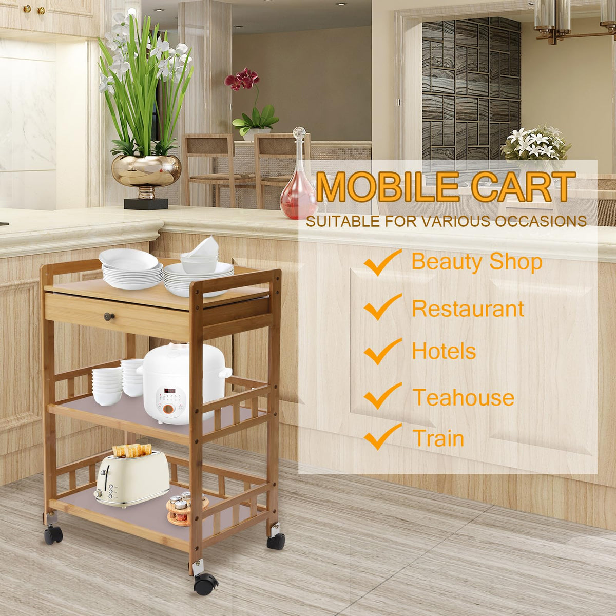 3-Tier Bamboo Kitchen Cart with Drawer U9216