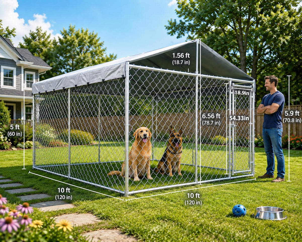 10x10ft Extra Large Heavy-Duty Chain-Link Dog Kennel with Roof J8438