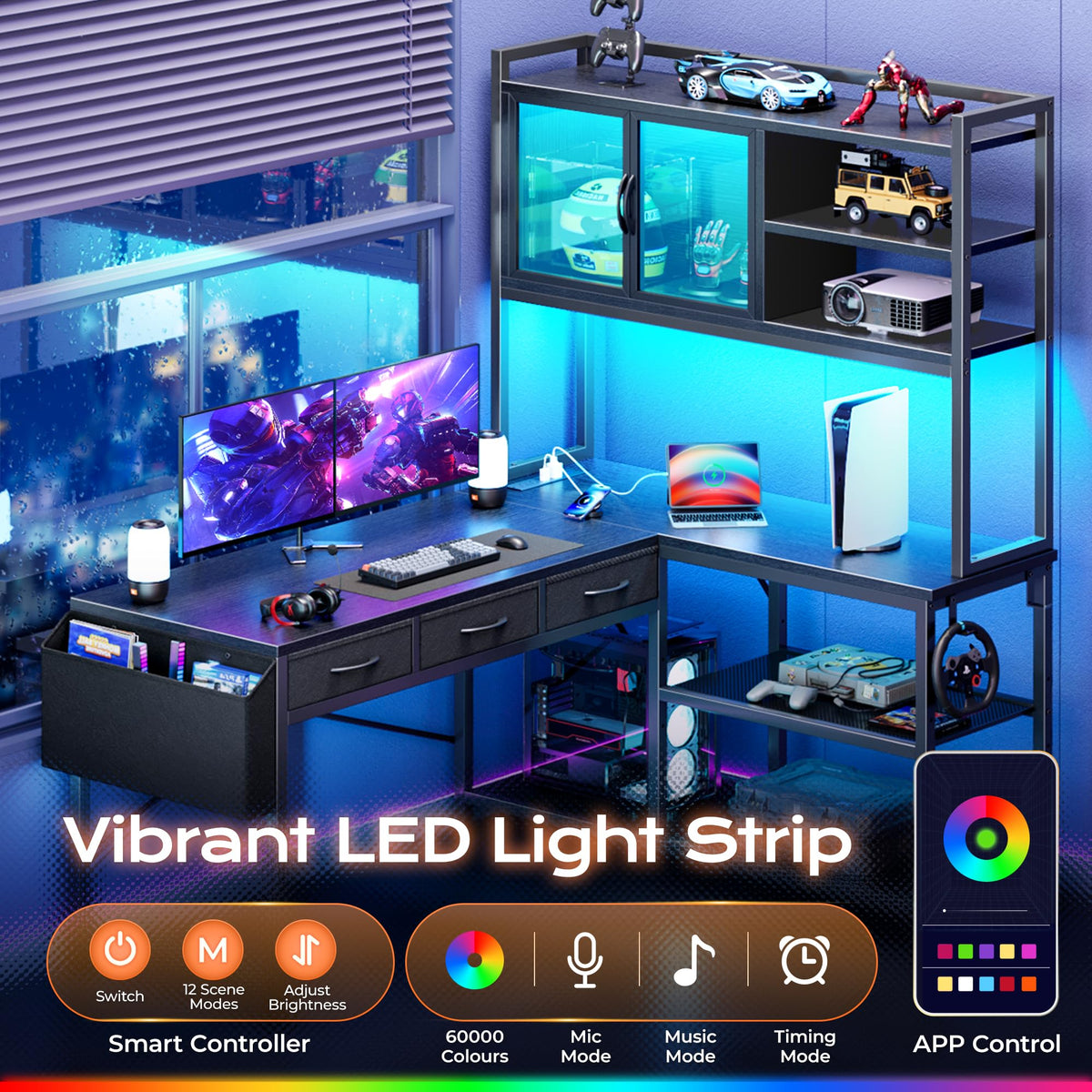57.5 Inch L Shaped Gaming Desk with Power Outlets V2865