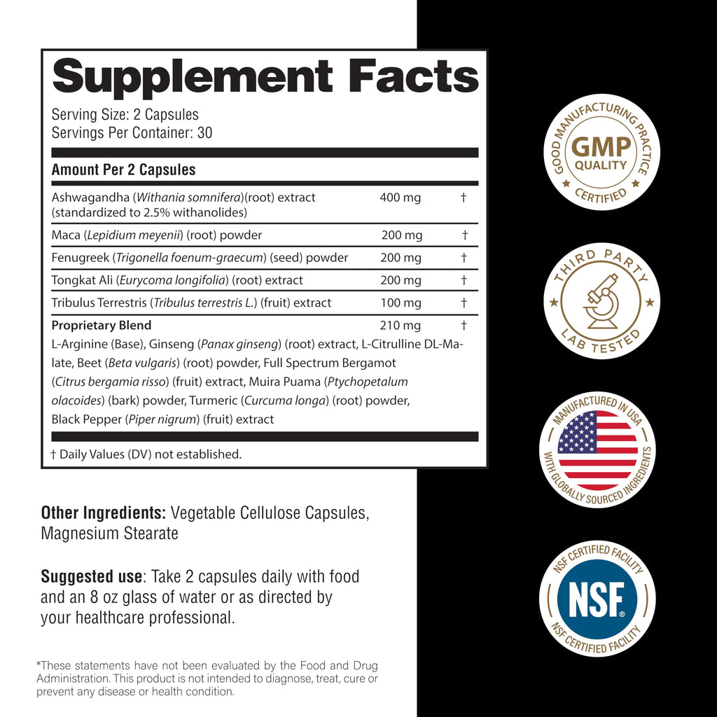 Maca Root Fenugreek Ashwagandha L-Arginine Ginseng Muira Puama Herbal Supplement 60 Capsules W15629