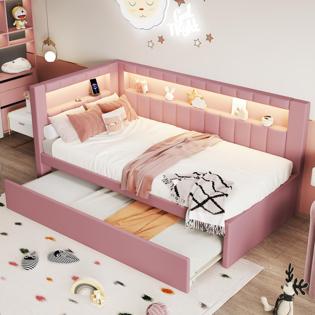 Twin Size Upholstered Platform Bed with Trundle and USB Ports, Pink E12319