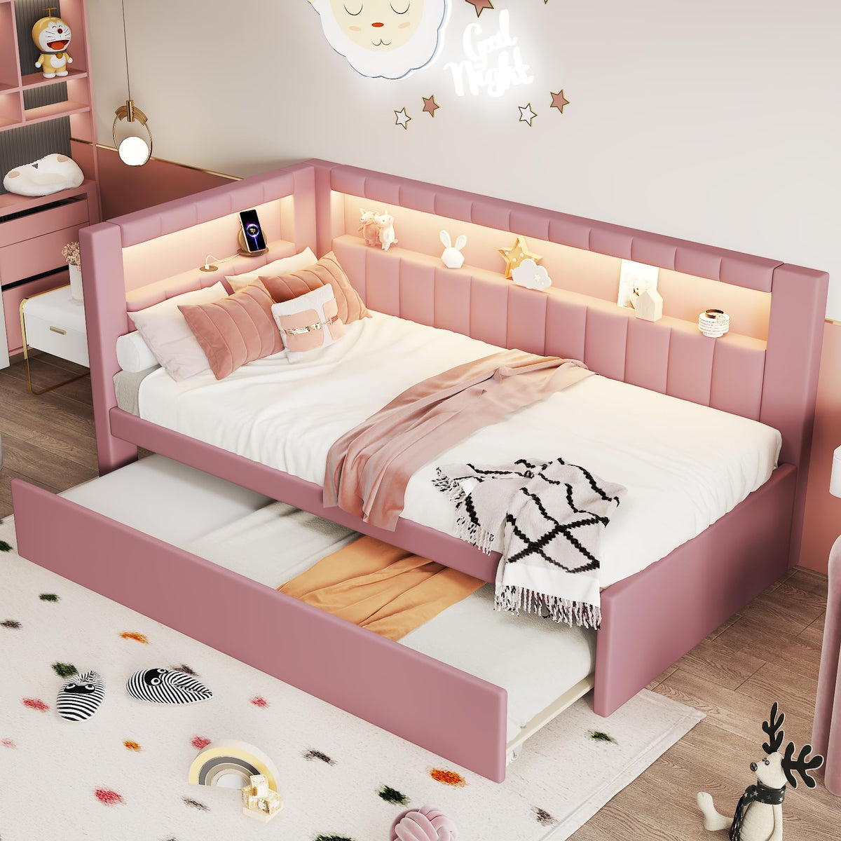 Twin Size Upholstered Platform Bed with Trundle and USB Ports, Pink E12319