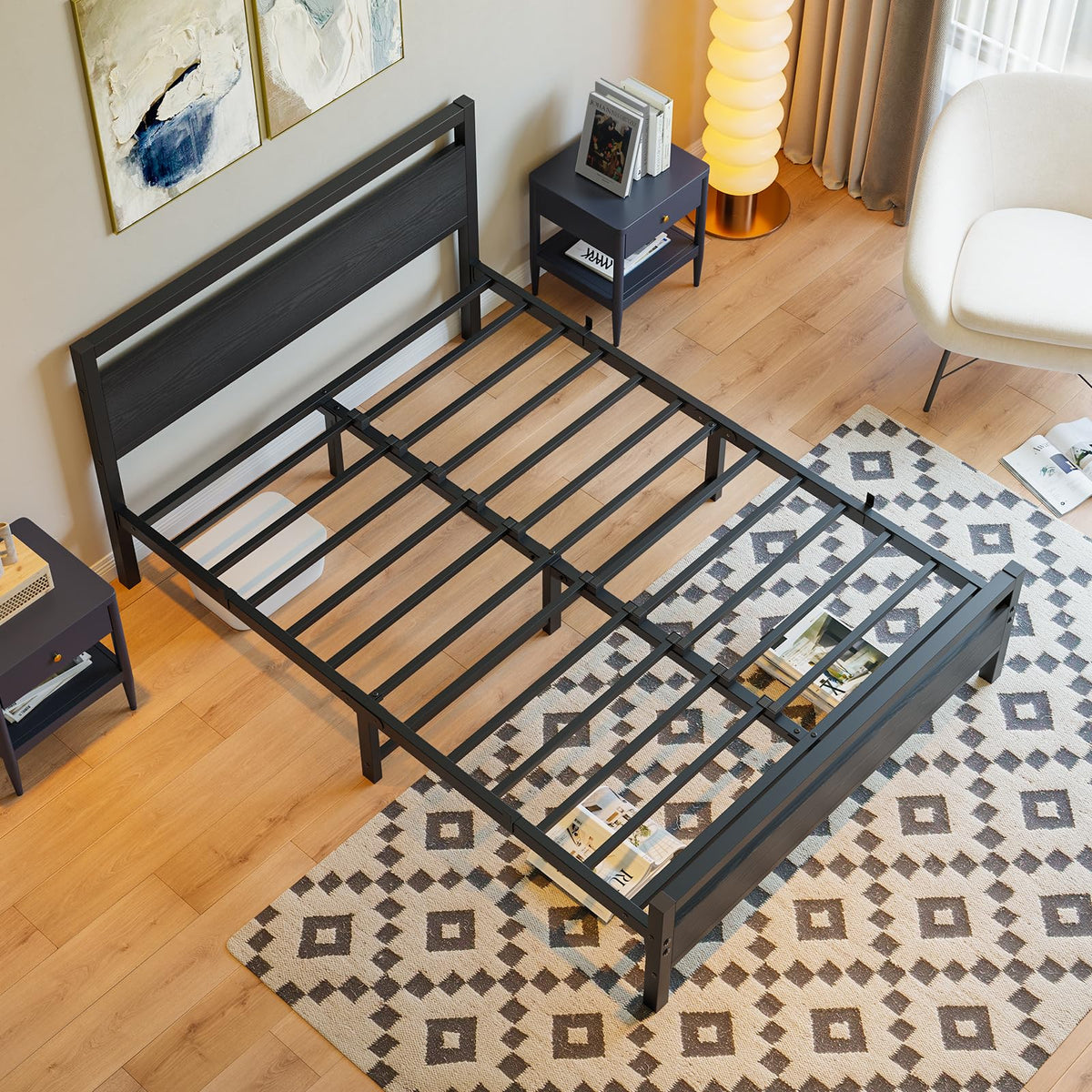 Black Full Size Bed Frame with Wood Headboard and Storage S41193