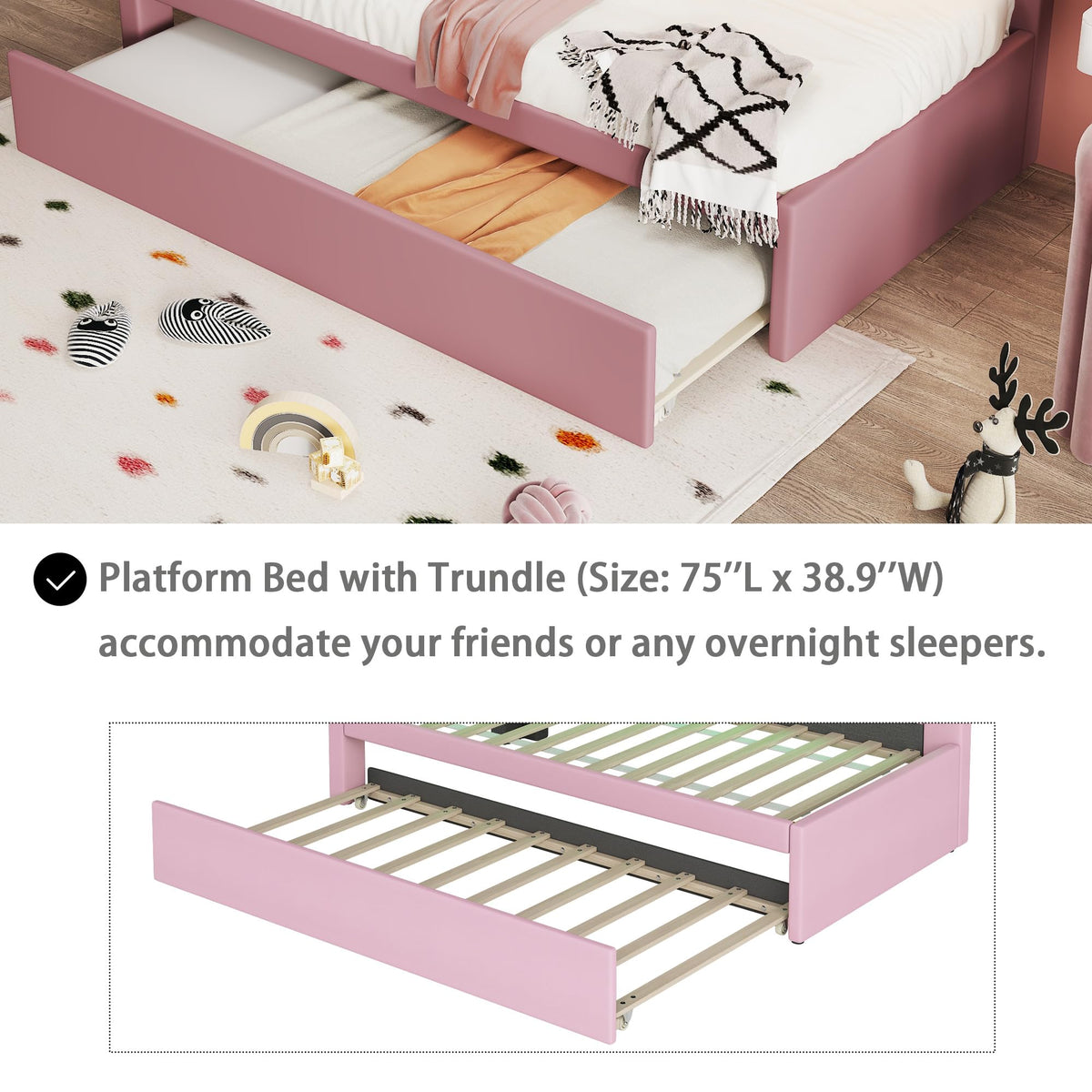 Twin Size Upholstered Platform Bed with Trundle and USB Ports, Pink E12319