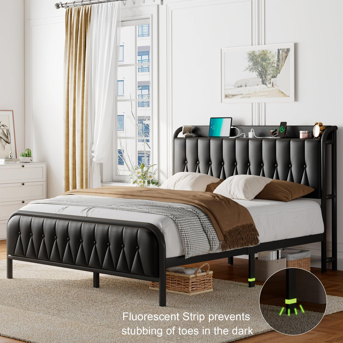 Black Leather Full Size Bed Frame with Charging Station L7627