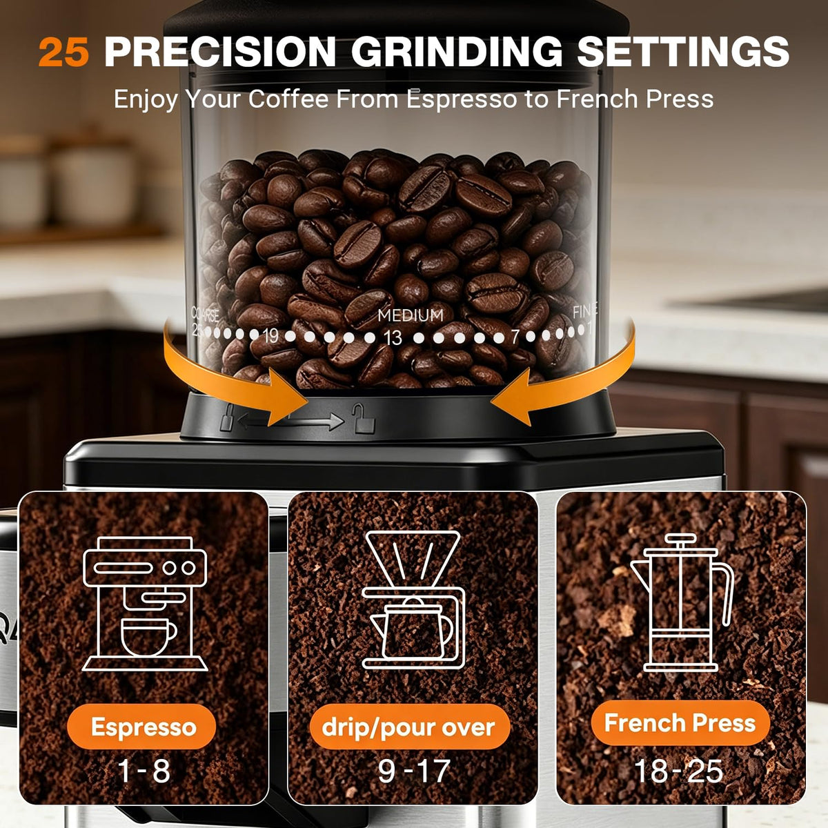 Conical Burr Coffee Bean Grinder, 25 Precise Settings, Anti-Static F892