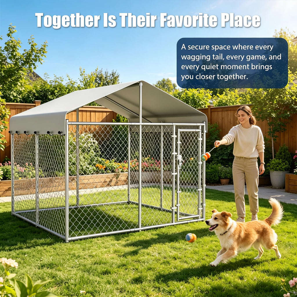 10x10ft Extra Large Heavy-Duty Chain-Link Dog Kennel with Roof J8438