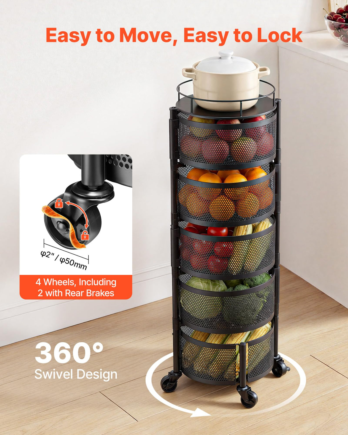 5 Tier Rotating Storage Rack Cart on Wheels, Black A421480